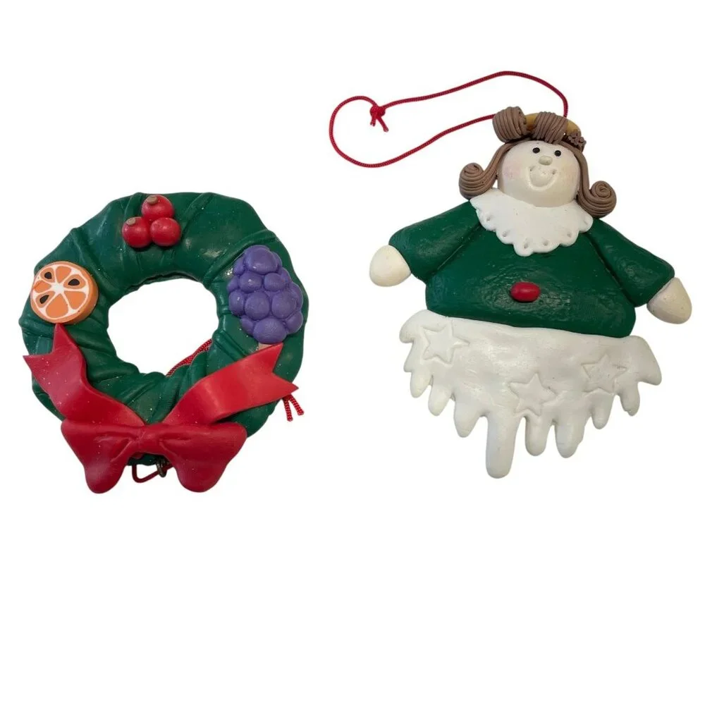 Vintage Clay Christmas Ornament Set Santa Angel Wreath Candy‎ Cane 6pcs